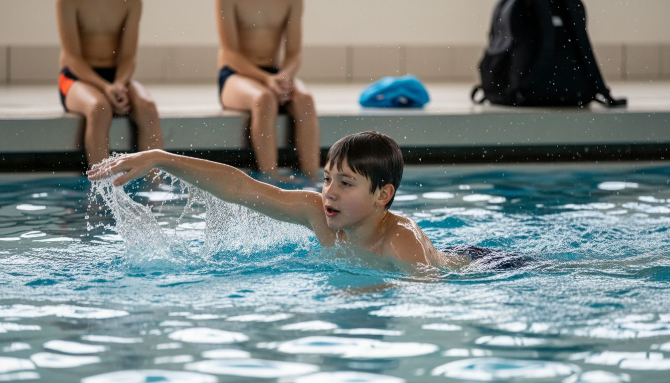 Ein Junge zieht mit kräftigen Zügen durchs Wasser.
