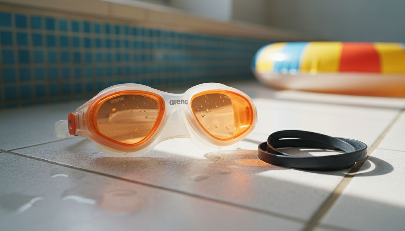 Close-up of Arena swimming goggles for children, lying on the floor.