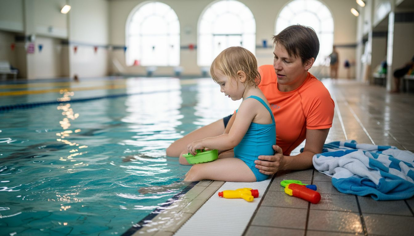 A child playfully discovers the water and lets their small boat swim.