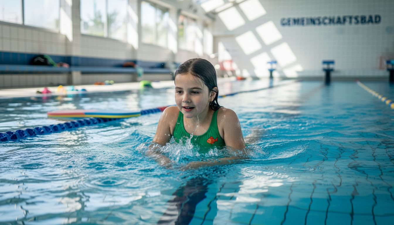 A girl swims laps in the pool, doing breaststroke.