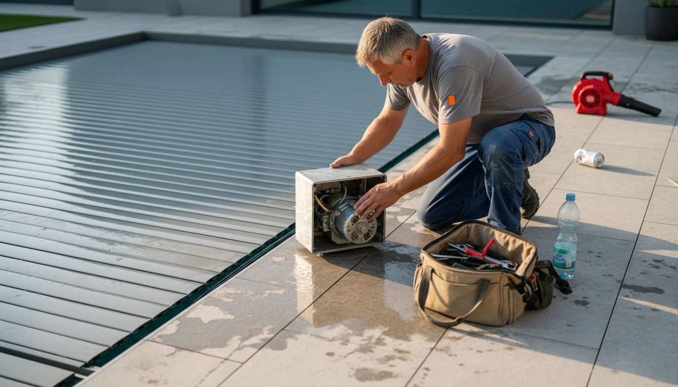 A professional inspects the modern cover of a pool directly at the pool edge.