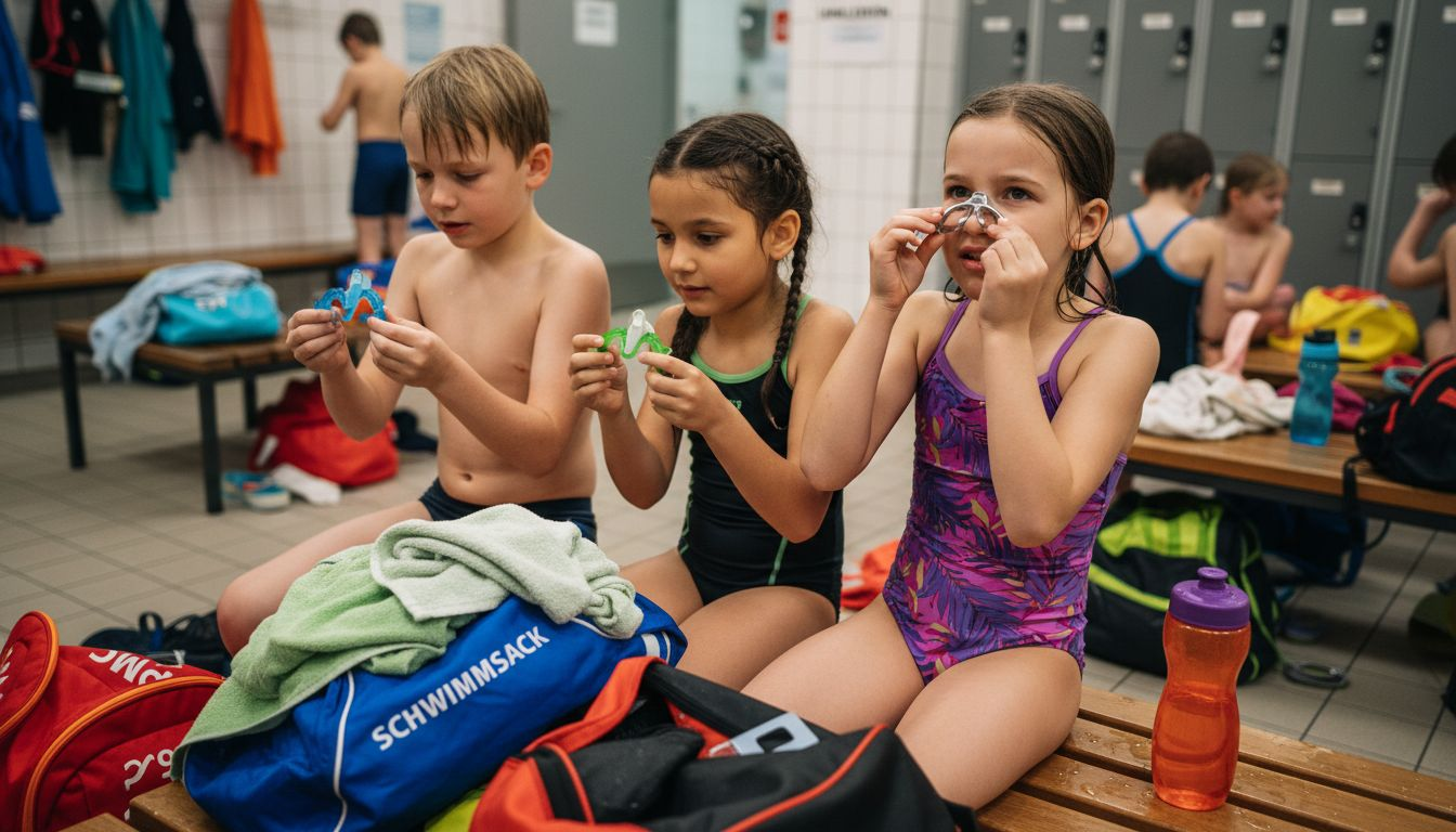 In the changing room, children discuss which nose clip is best.