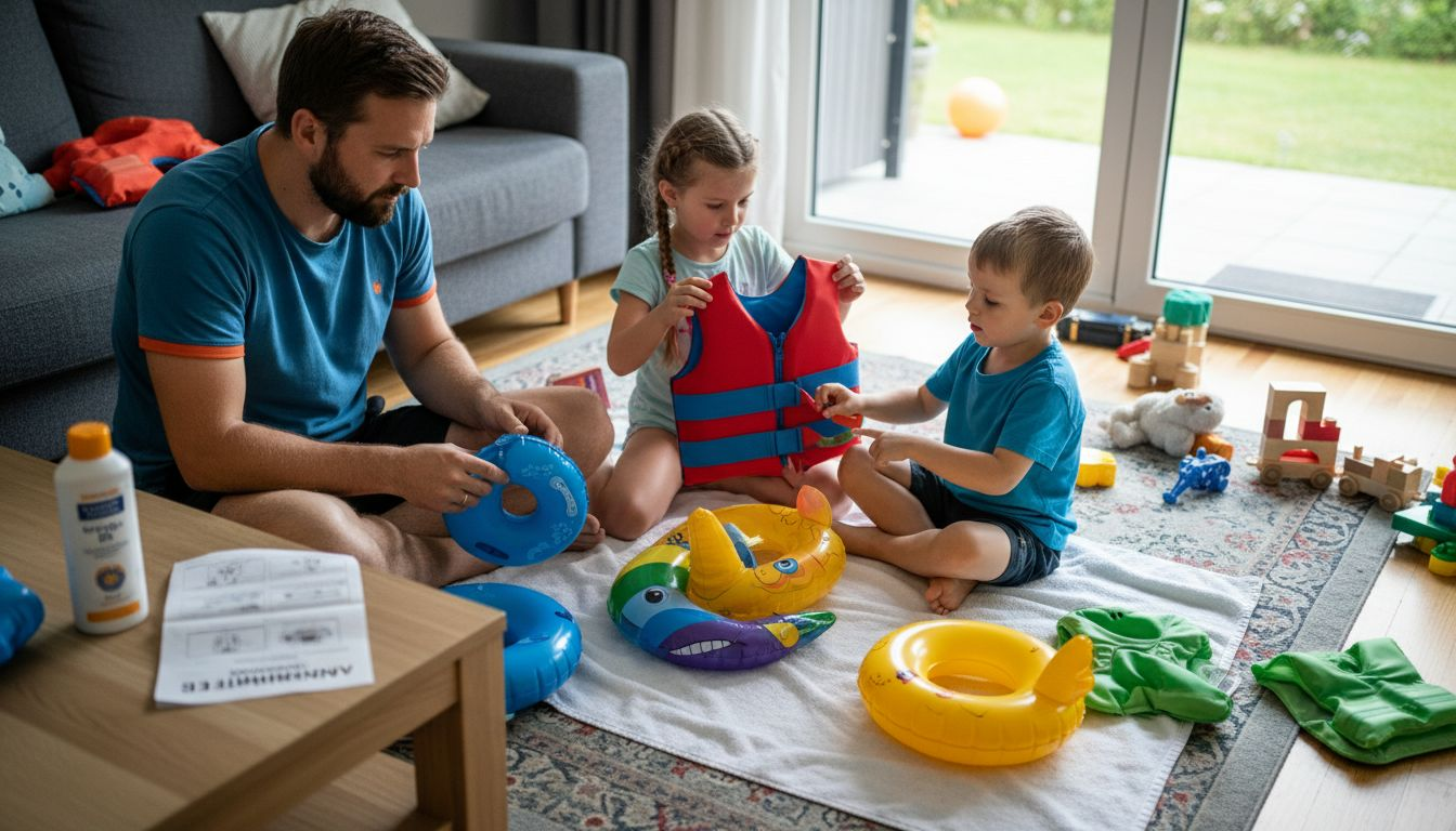 A family looking at different inflatable swim aids and comparing which one best suits their needs.