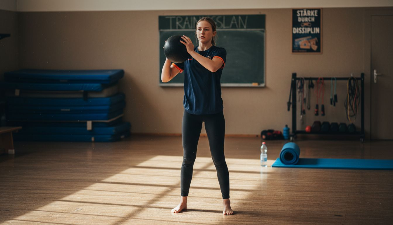 A young athlete demonstrates the correct starting position with the medicine ball.