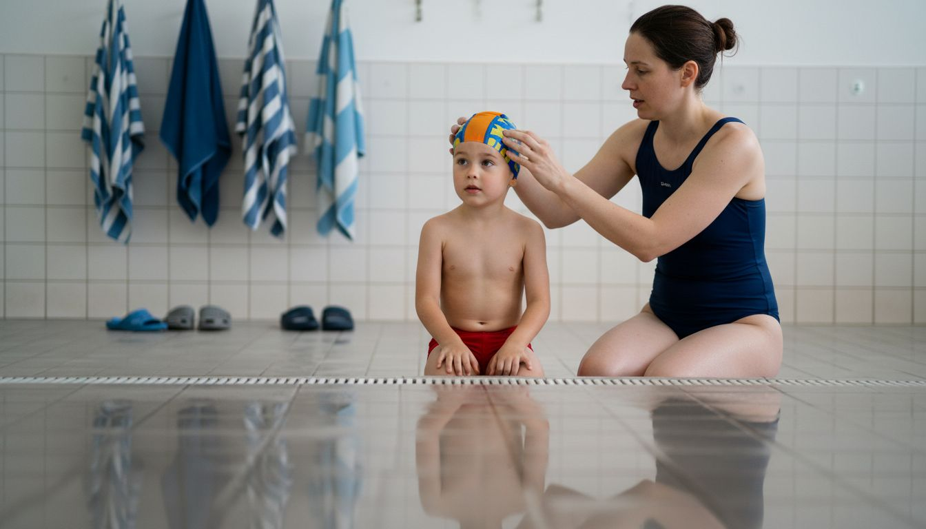 A mother helps her child get ready for swimming.