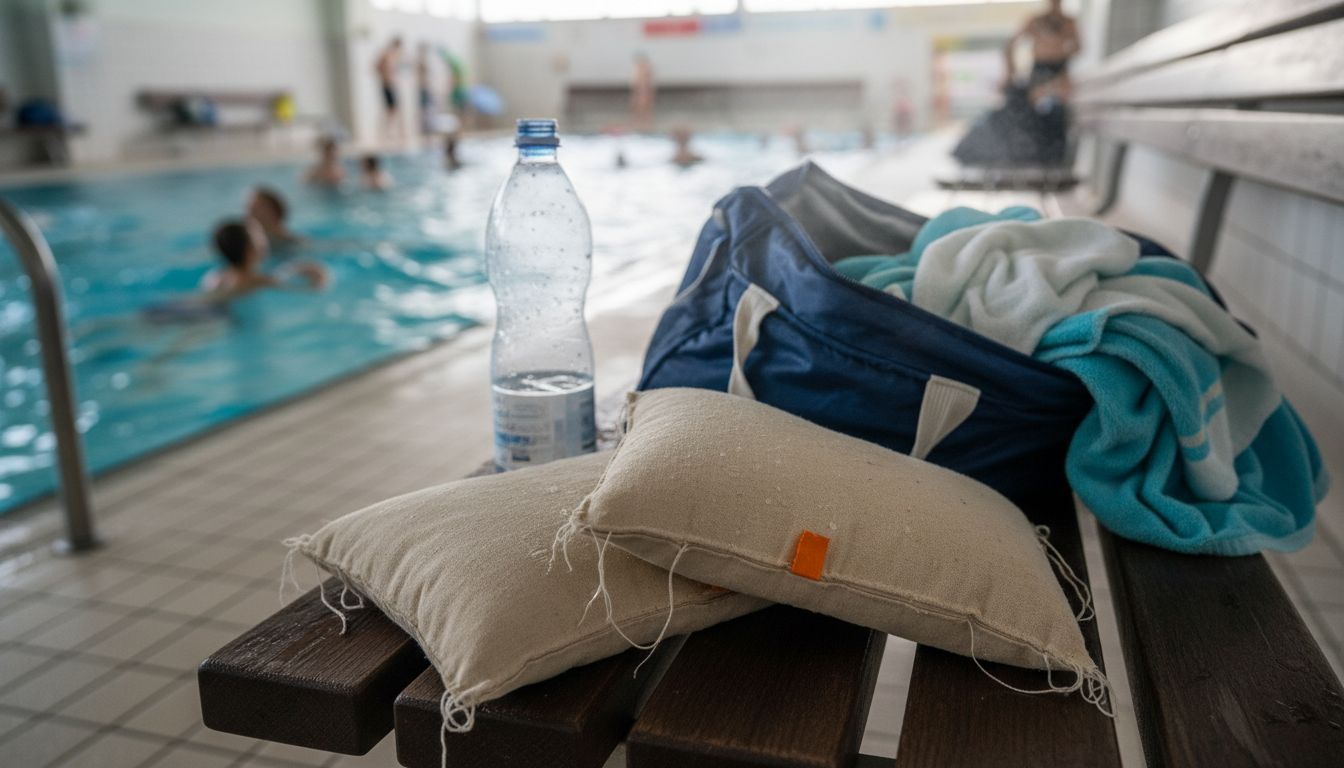Close-up: A swim pillow rests relaxed on a wooden bench.