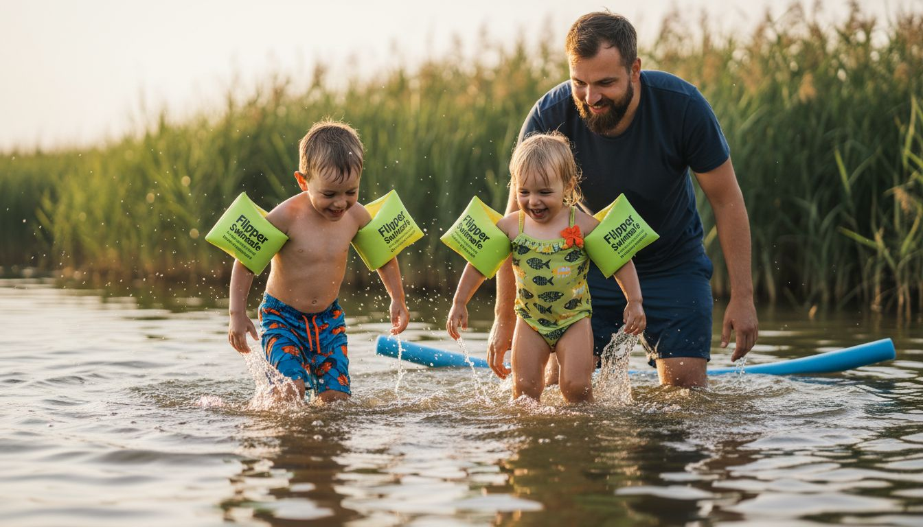Children enjoying bathing in the idyllic lake, safely equipped with Flipper Swimsafe swimming aids.