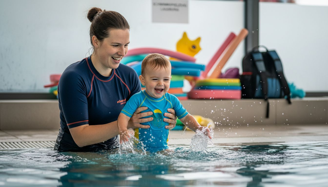 A swimming instructor helps a toddler get used to the water.