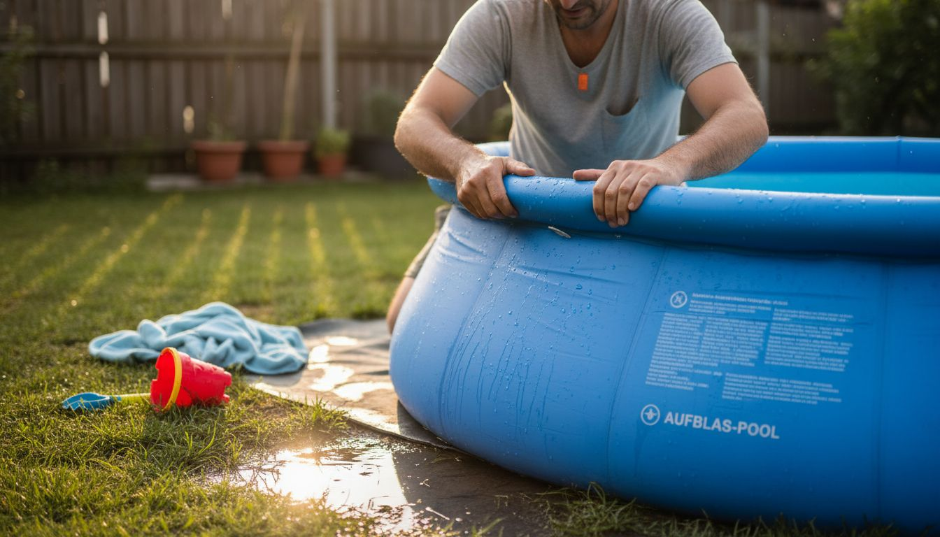 Dad checks the air ring of the Quick-Up pool.
