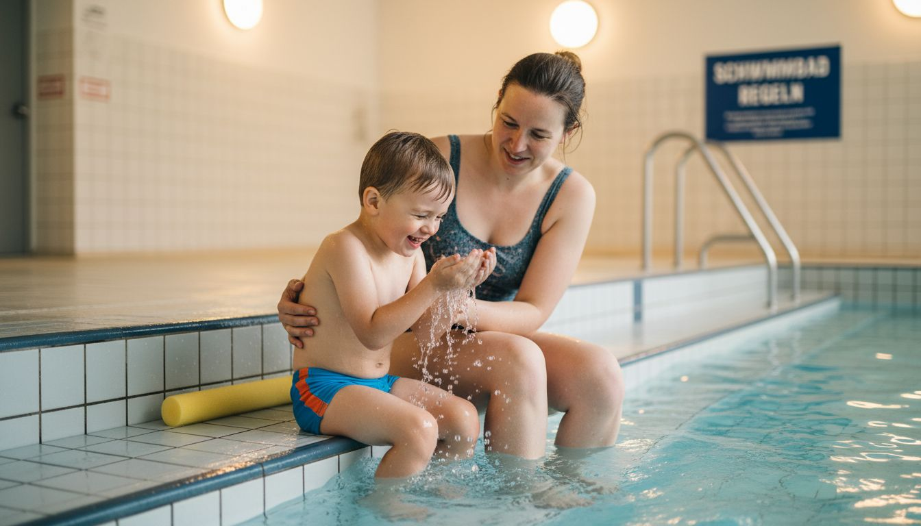 A child gathers first experiences in the water and is accompanied.