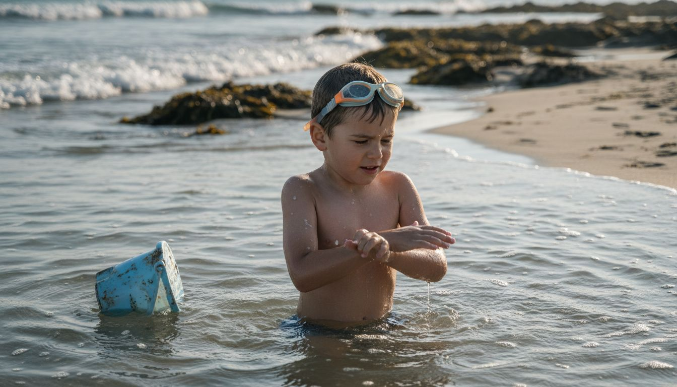 A boy fascinated by the salt traces on his skin after swimming in the sea.