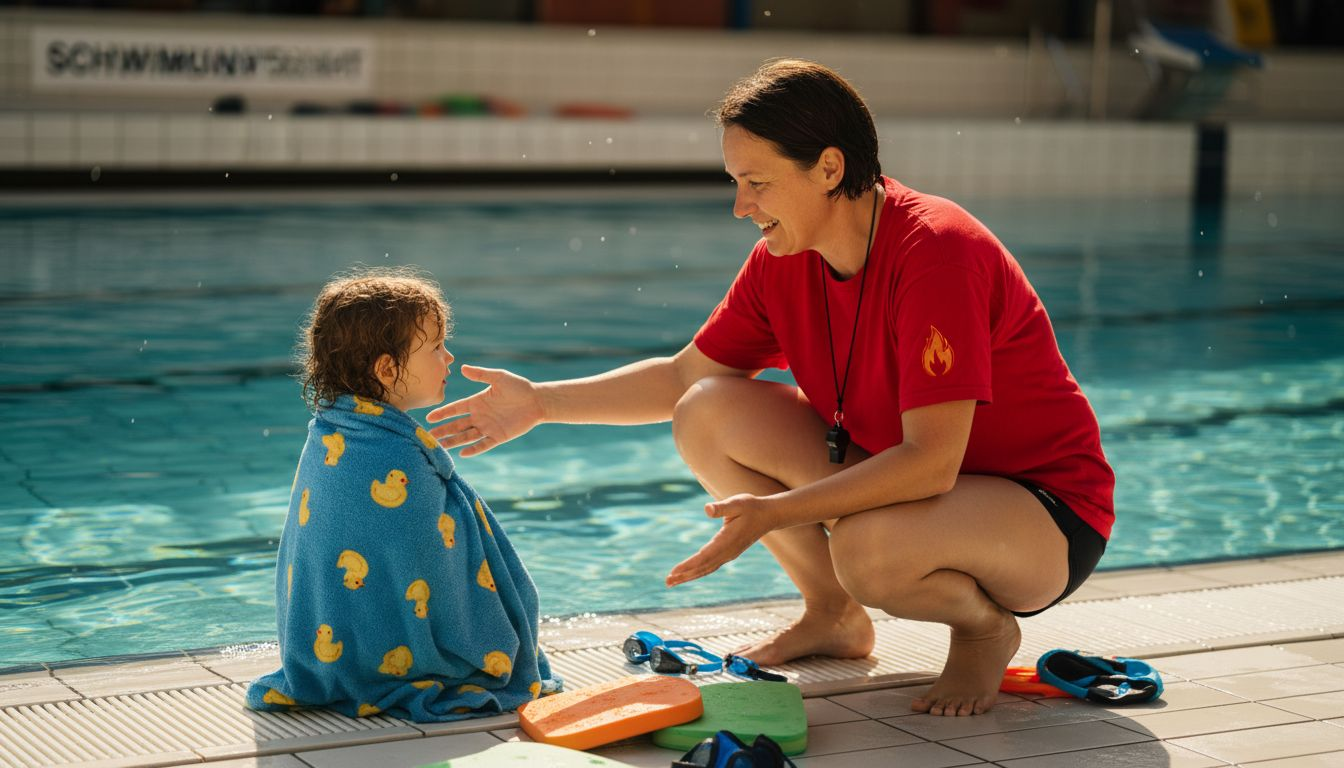 At the edge of the pool, the swimming instructor talks kindly to a child.