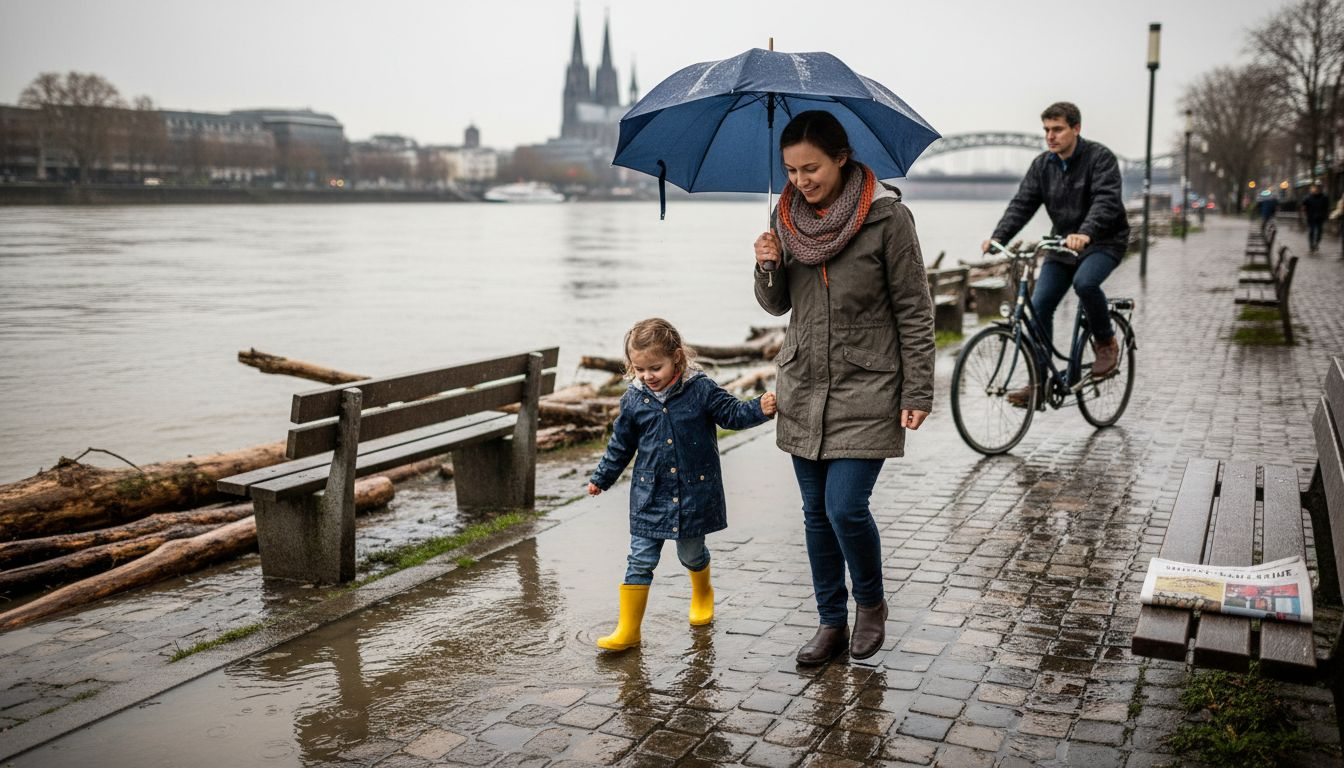 A family makes its way along the riverbank, as the high water makes the walk difficult.