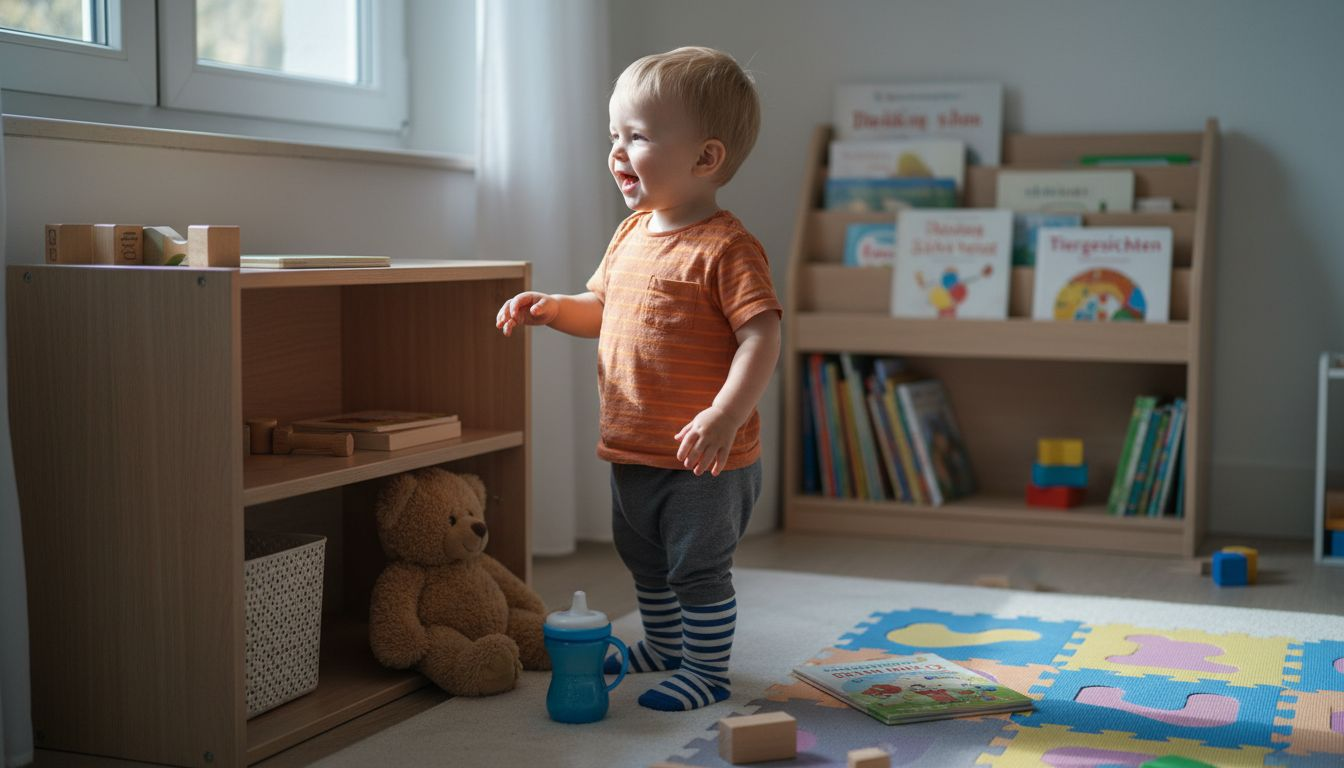A toddler sitting in a playroom and animatedly chatting with their cuddly toy.