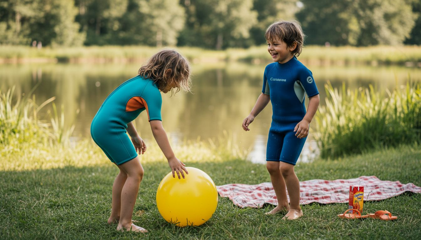 Children in wetsuits romp around on the lake shore and enjoy the water.