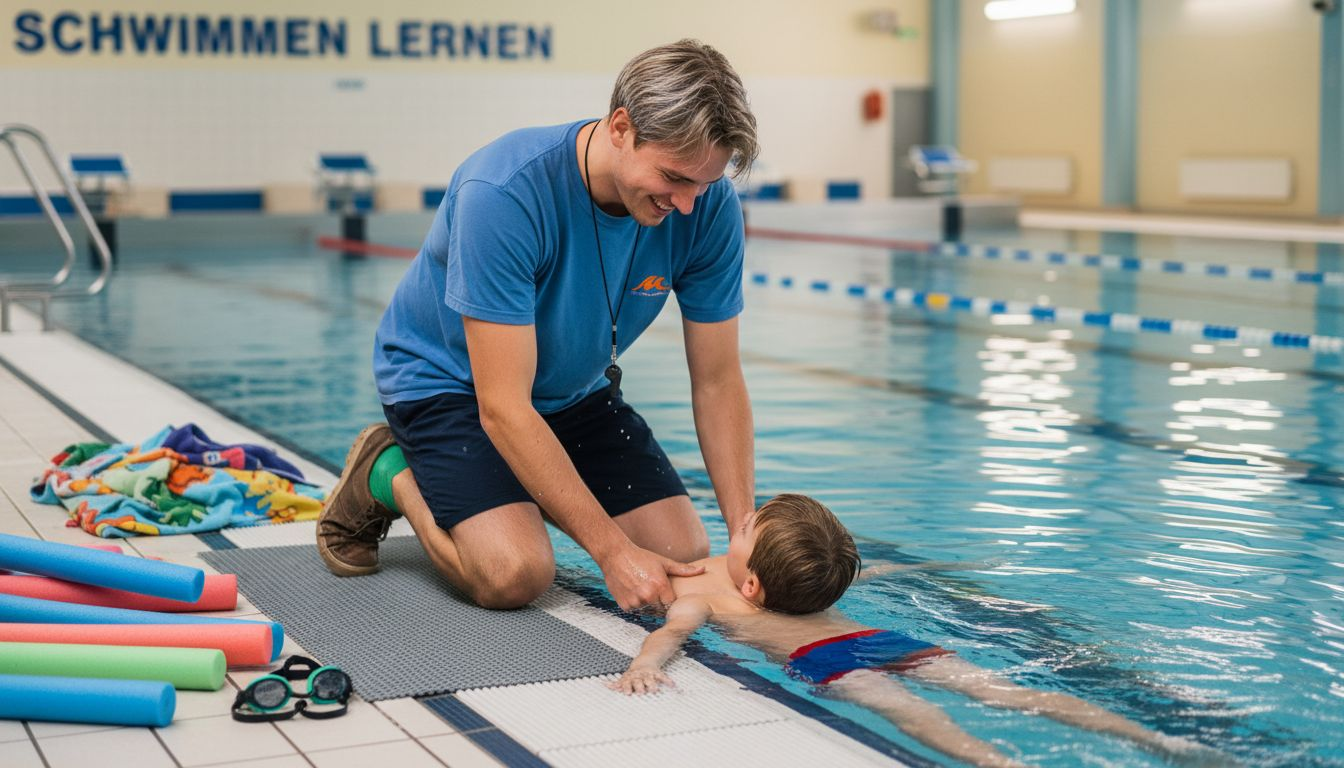 A swimming instructor patiently demonstrates the correct technique to a child during the lesson.