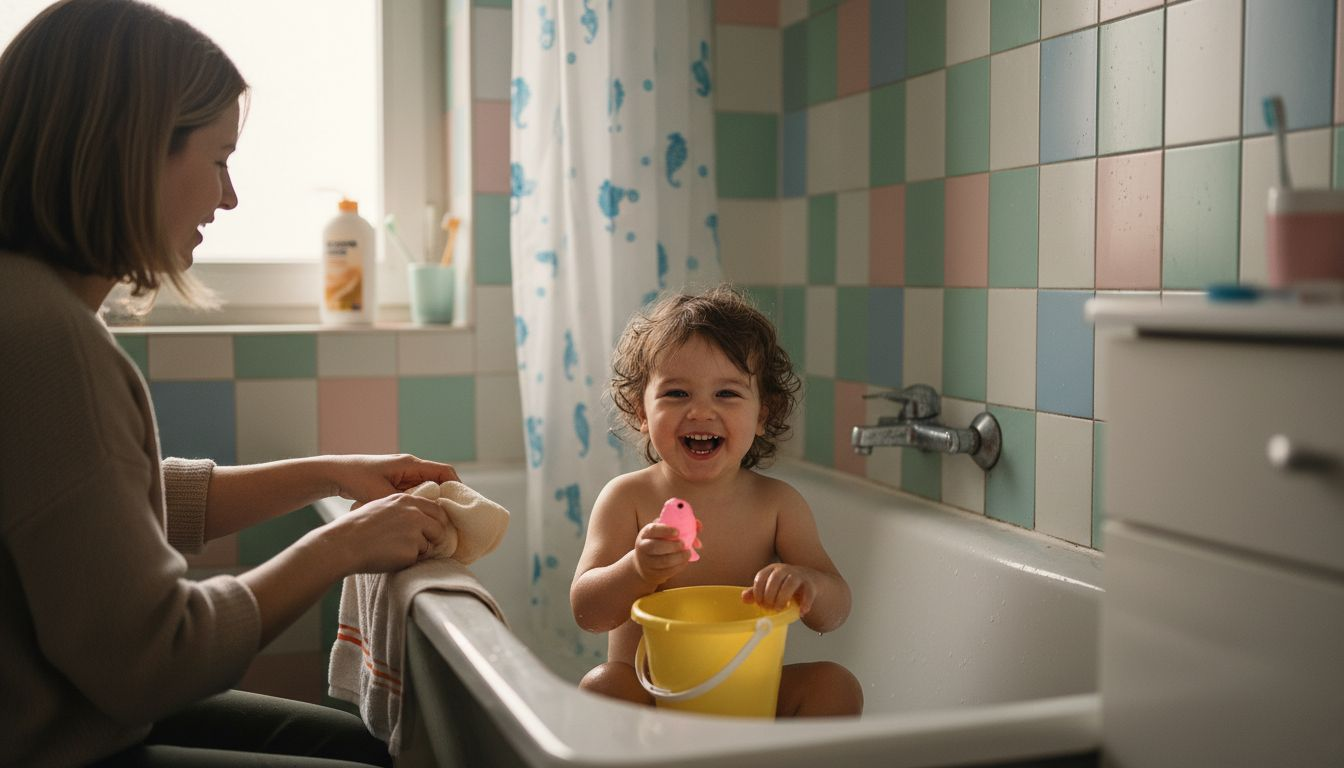 Mit viel Spaß und Neugier entdeckt das Kind das Wasser in der Badewanne und gewinnt so ganz spielerisch Vertrauen.