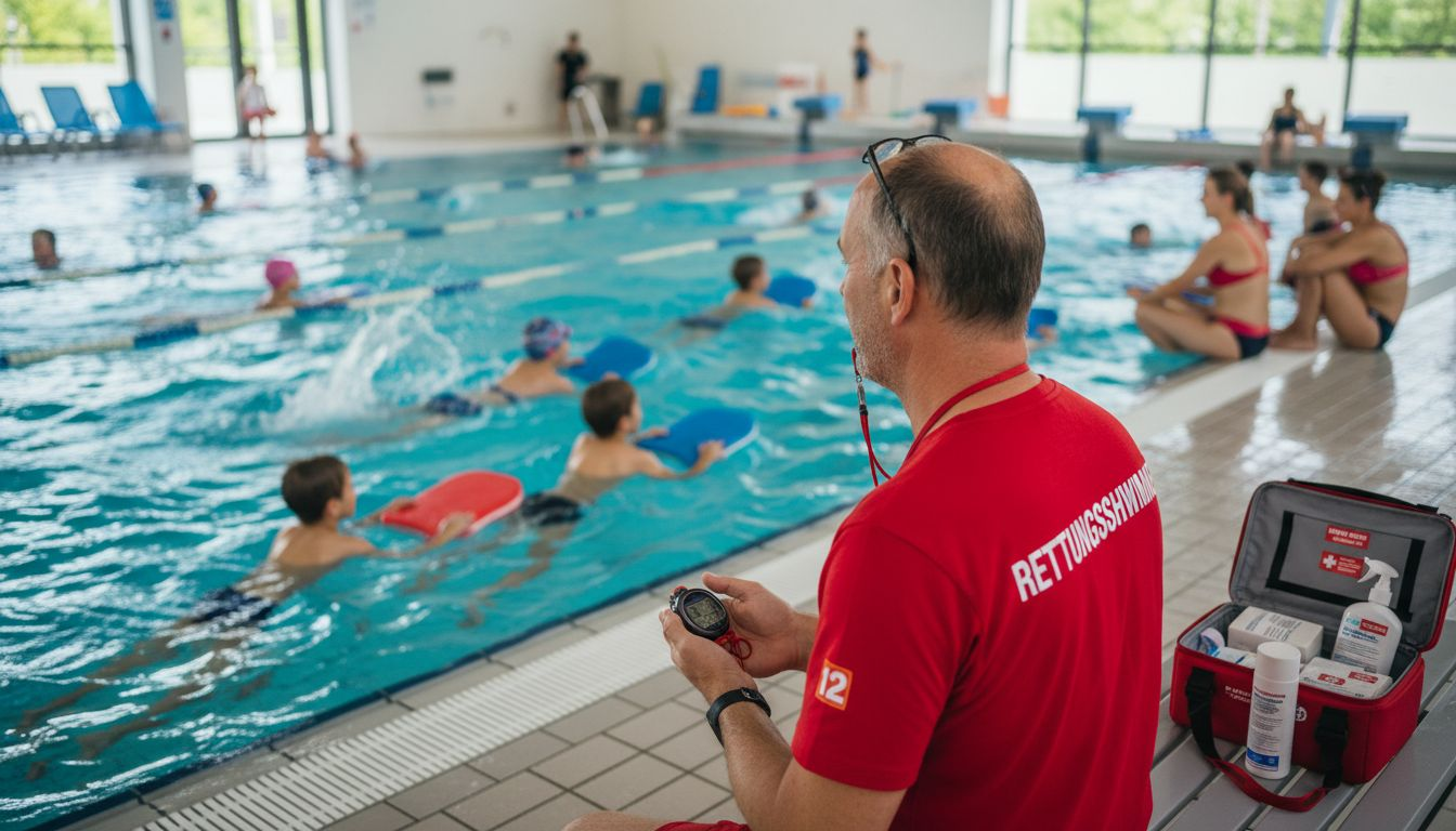 A lifeguard watches over children in the municipal swimming pool.