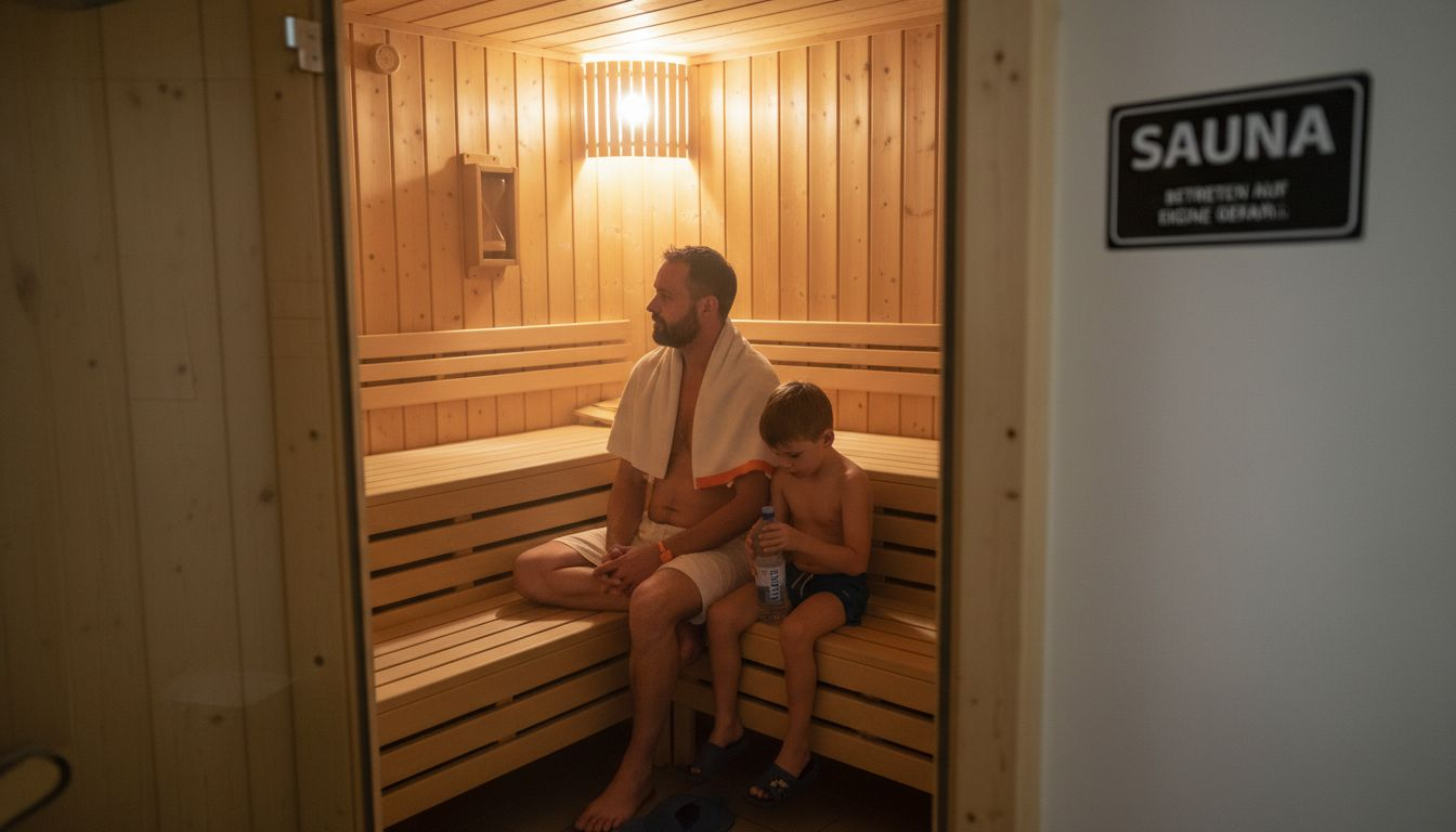 Father and son enjoying the relaxed atmosphere in a simple wooden sauna together.