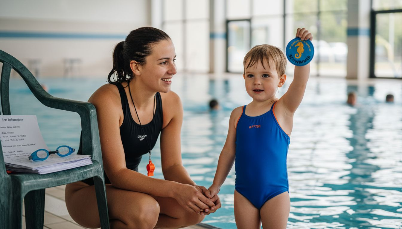Ein Vorschulkind bekommt stolz sein Schwimmabzeichen vom Lehrer überreicht.