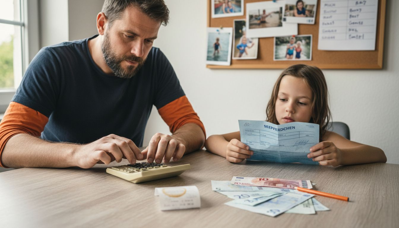 A father checks how much the swimming badge costs for his child.