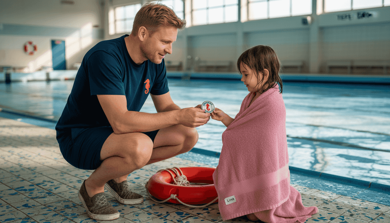 A swimming instructor proudly hands a child the Seahorse badge.