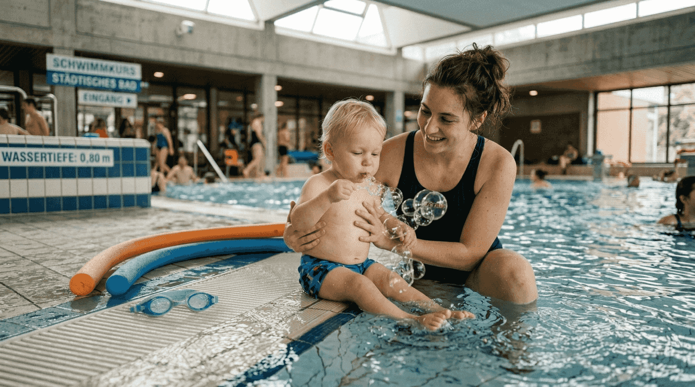 A swimming instructor helps the toddler acclimatize to the water.