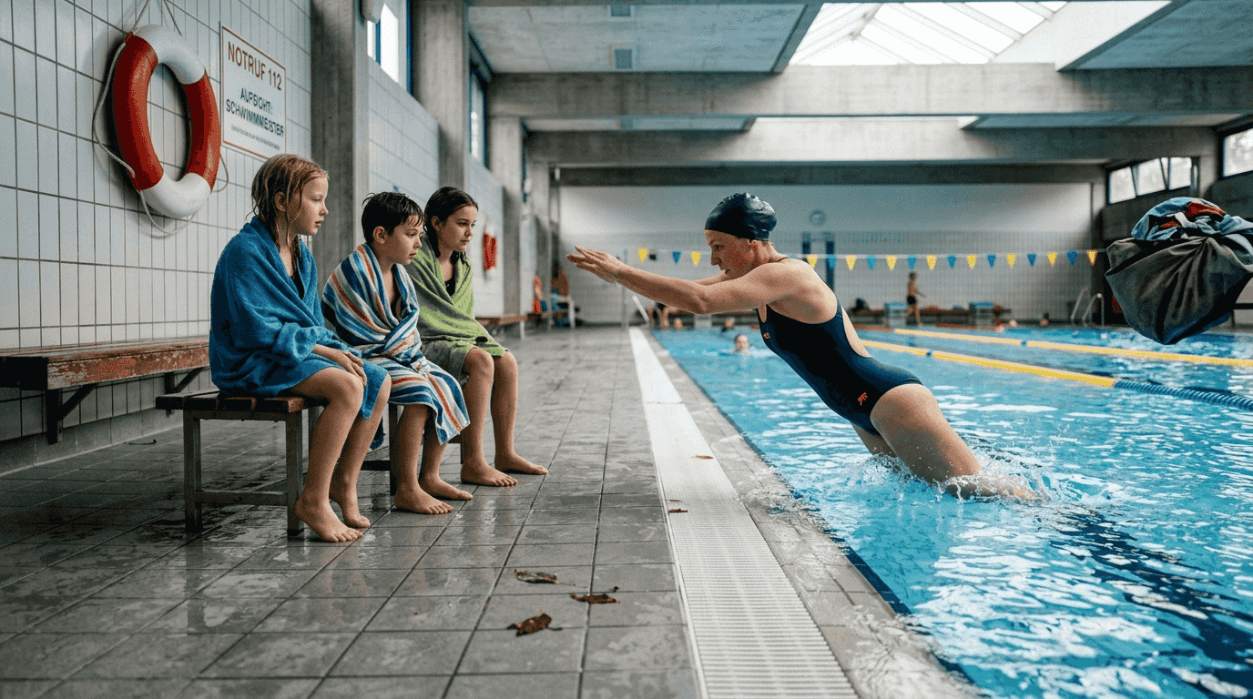 A trainer practically demonstrates the various swimming test elements.