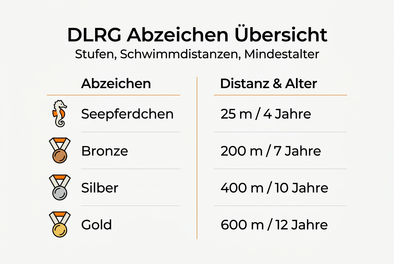 Infographic with DLRG badges and corresponding swimming distances