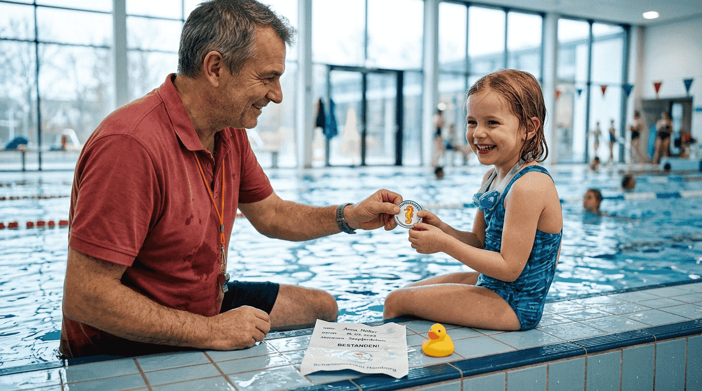 The swimming instructor proudly presents the swimming badge to a child.