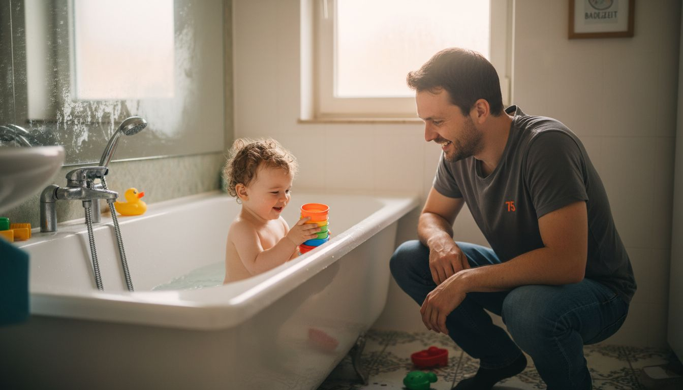 A parent splashes with their child in the bathtub, creating lots of fun.