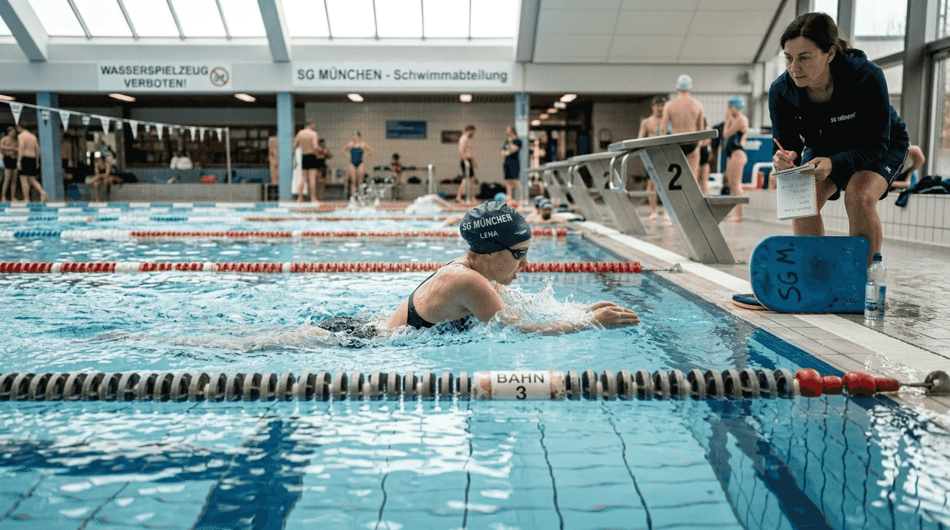 Ein Jugendlicher zieht im Schwimmbad seine Bahnen und schwimmt Bruststil.