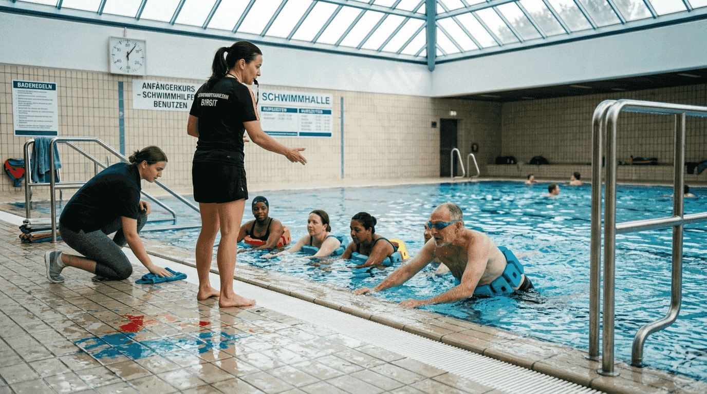 Adults improving their swimming technique with the help of a swimming belt.