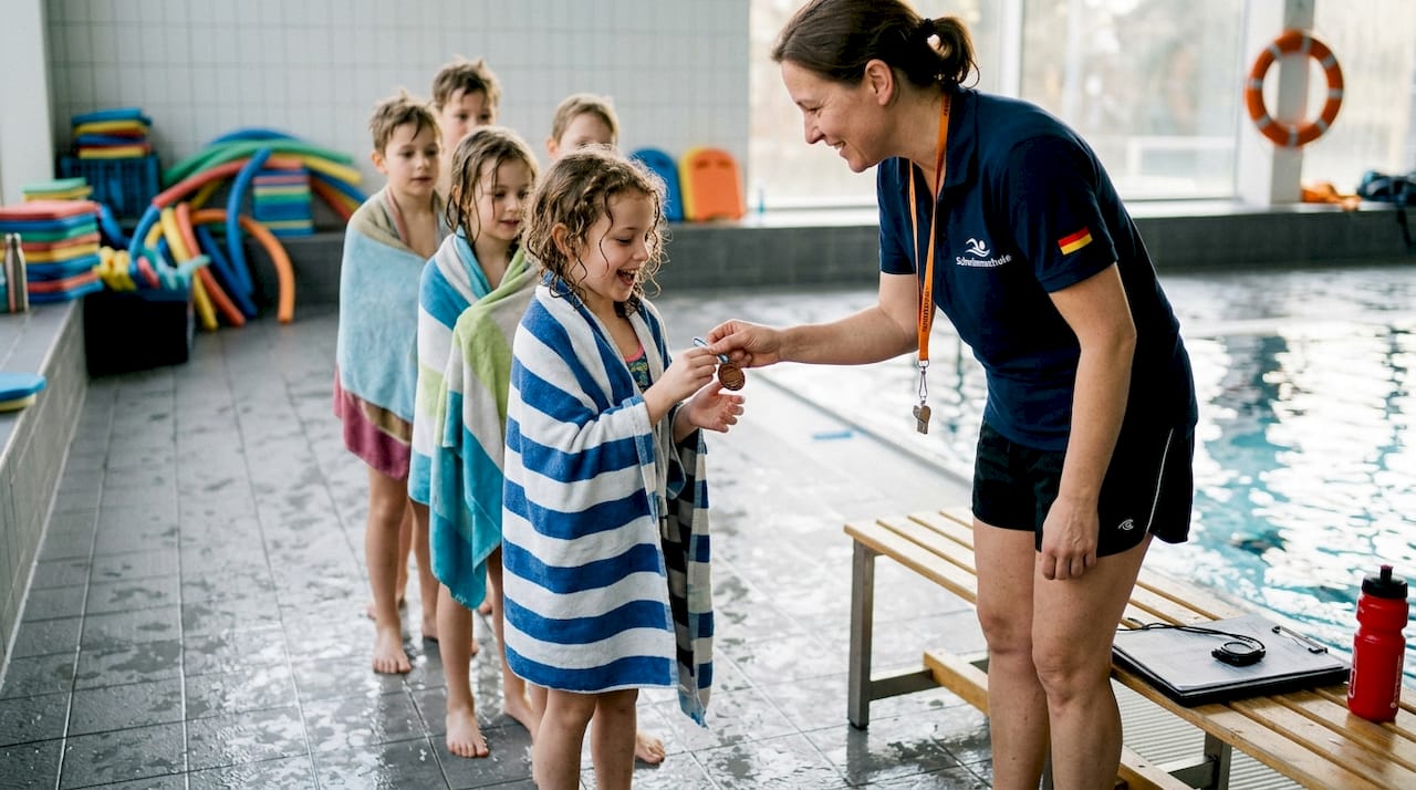 After the swimming lesson, the teacher proudly hands the badge to the child.