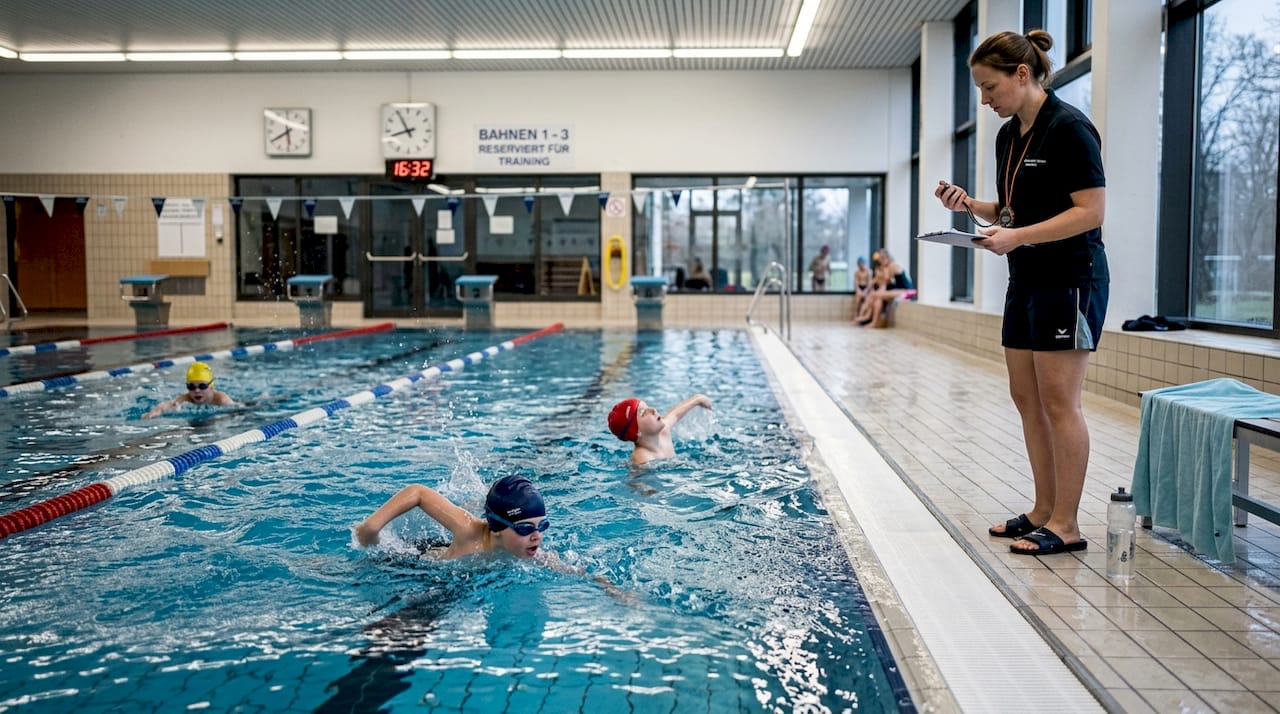 Children training front crawl and backstroke in the swimming pool.