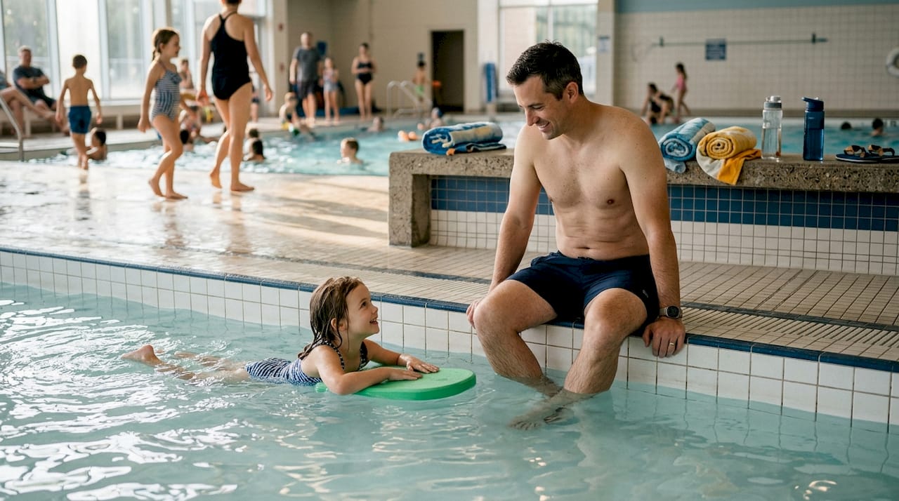 Father and daughter relax together in the swimming pool.