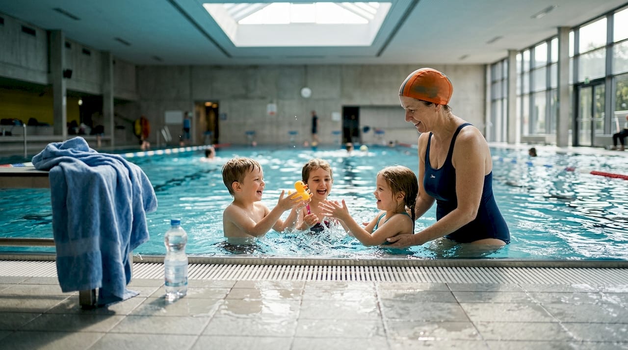 Children playfully discovering water in swim class with fun and curiosity.