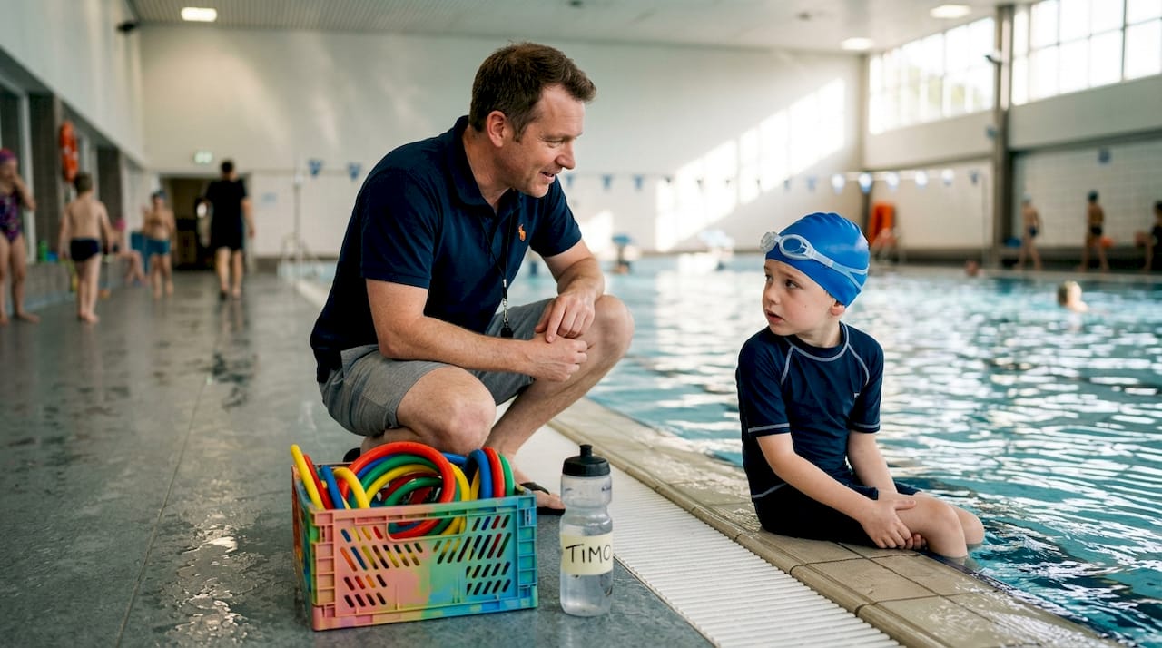 The instructor talks to a child at the swimming pool.