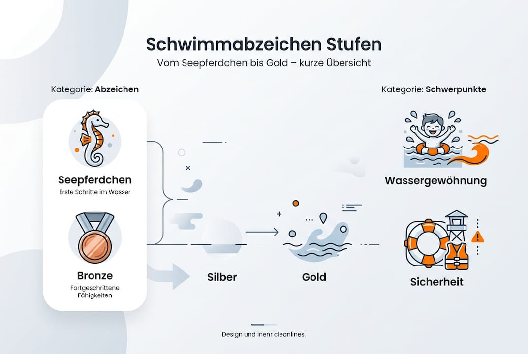 Infografik: Übersicht der Schwimmabzeichen – Stufen, Anforderungen und Schwerpunkte
