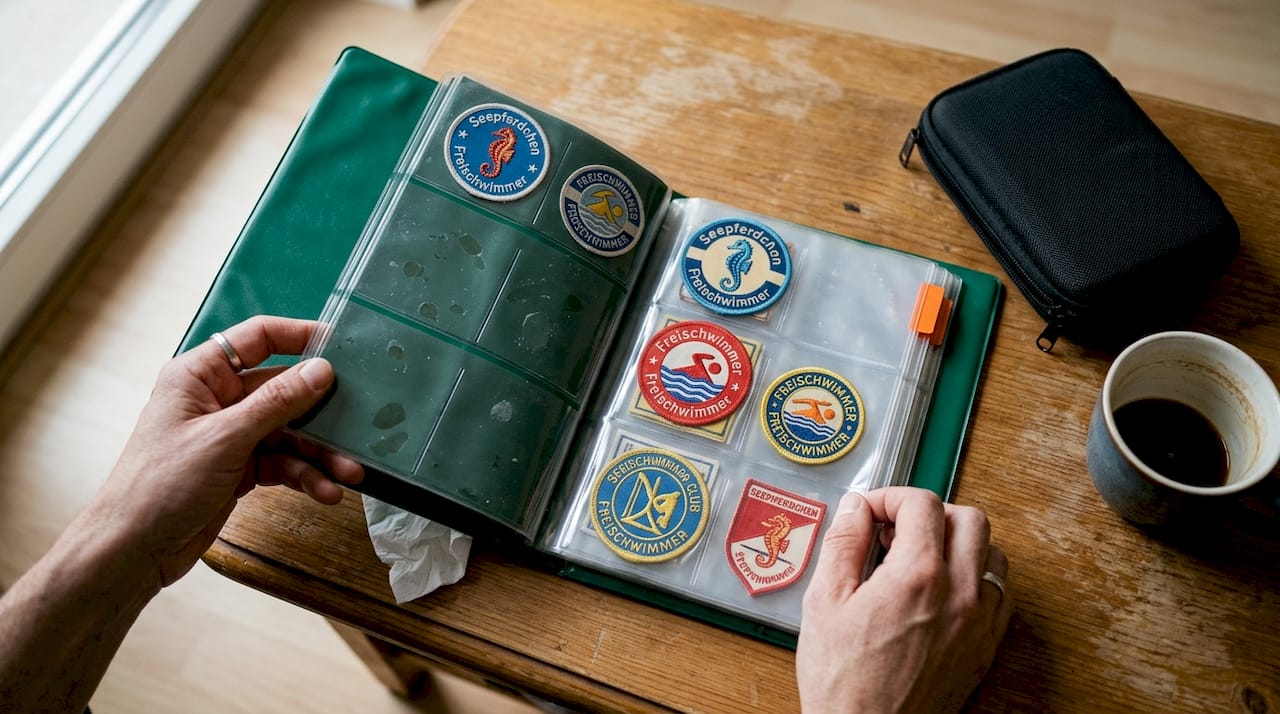 Zu Hause wird ein wasserdichtes Sammelalbum für Abzeichen aufgeschlagen.