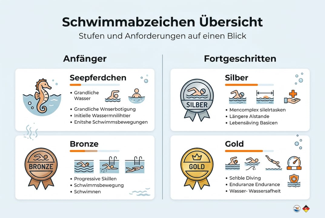 Anschauliche Infografik: Alle Schwimmabzeichen im Überblick