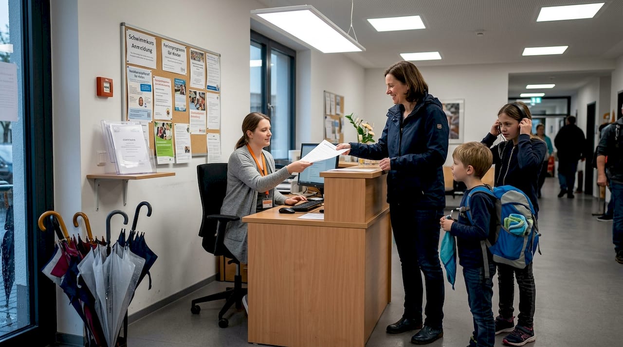 Eine Familie meldet sich gemeinsam für den Schwimmkurs im örtlichen Schwimmbad an.