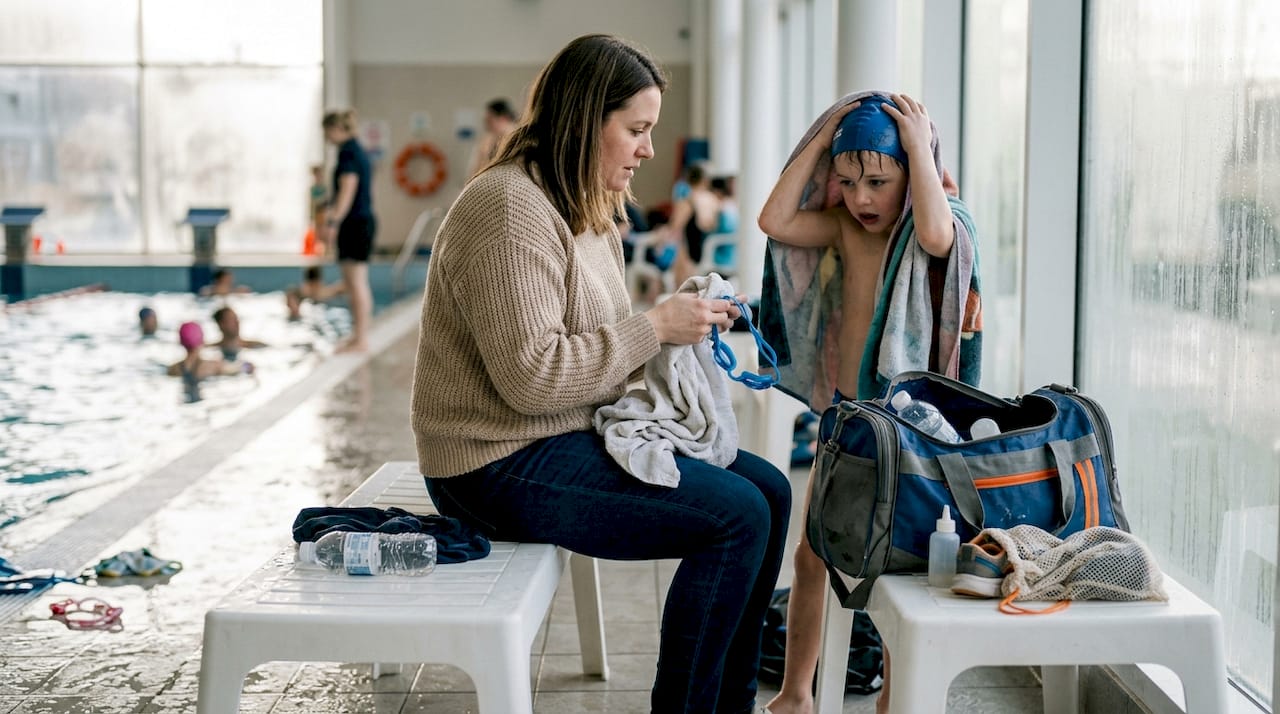 Eine Mutter hilft ihrem Kind dabei, sich aufs Schwimmen vorzubereiten.