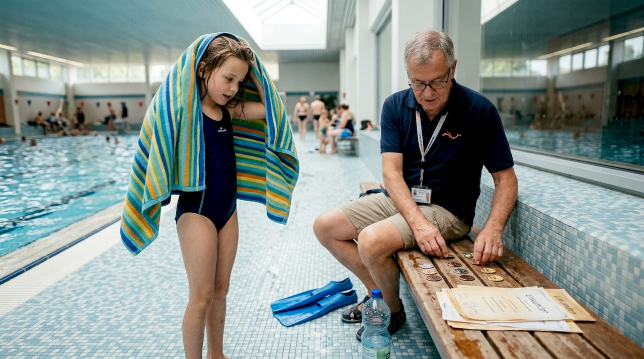 Ein Kind steht mit seinem Prüfer am Beckenrand und zeigt stolz sein Schwimmabzeichen.