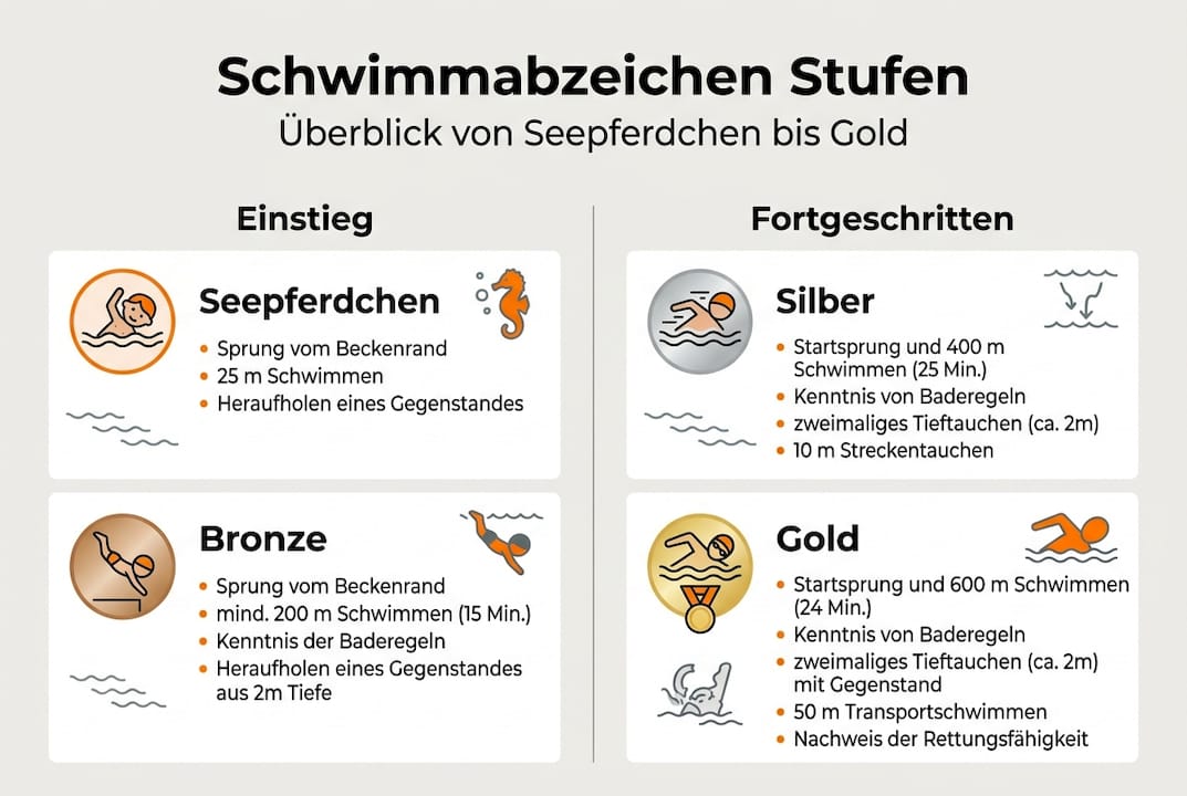 Grafische Übersicht der verschiedenen Schwimmabzeichen und ihrer Anforderungen