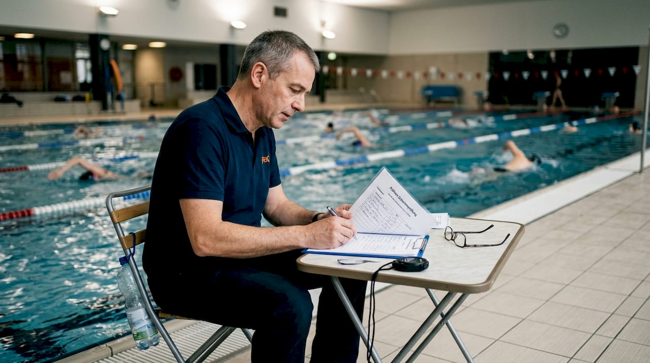 Ein Prüfer kontrolliert am Beckenrand die Schwimmlisten.