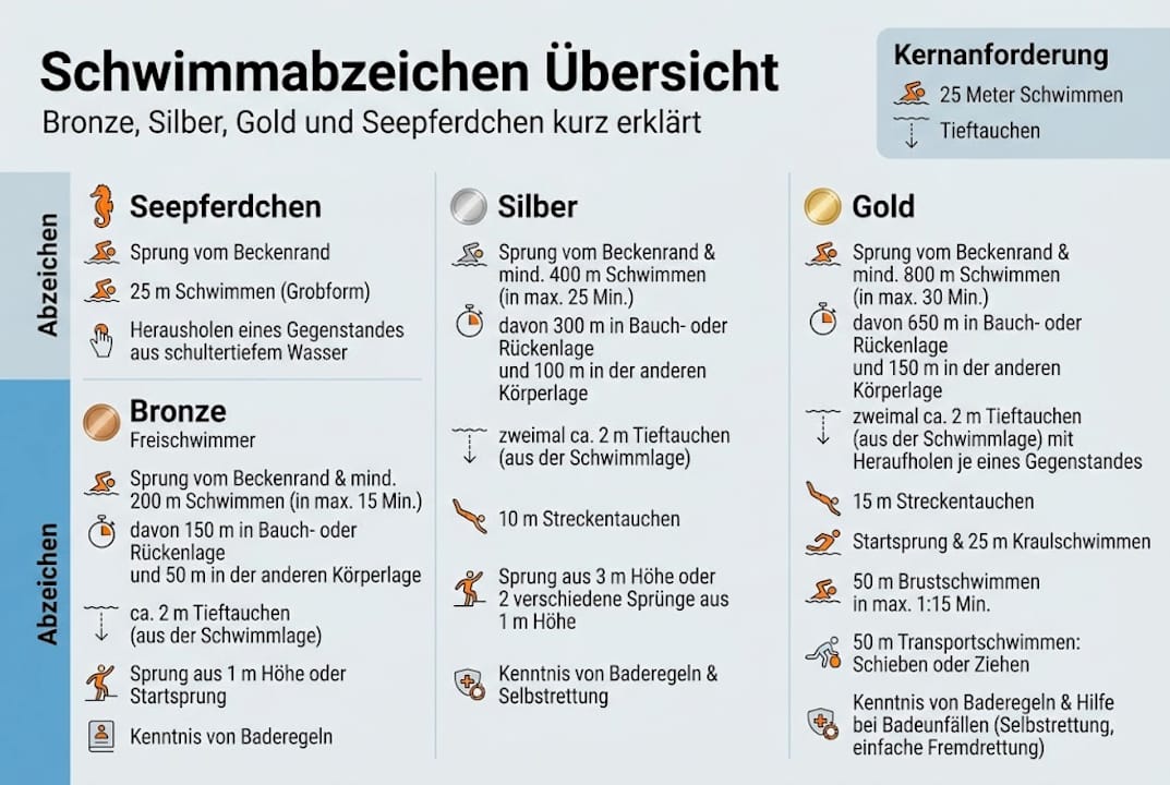 Übersicht: Schwimmabzeichen und ihre Voraussetzungen
