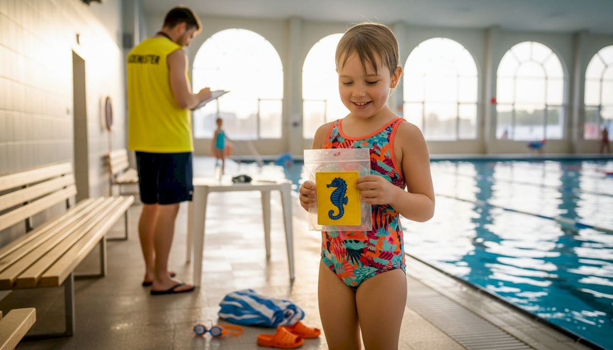 Ein Kind freut sich im Schwimmbad über sein frisch bestandenes Seepferdchen-Abzeichen.
