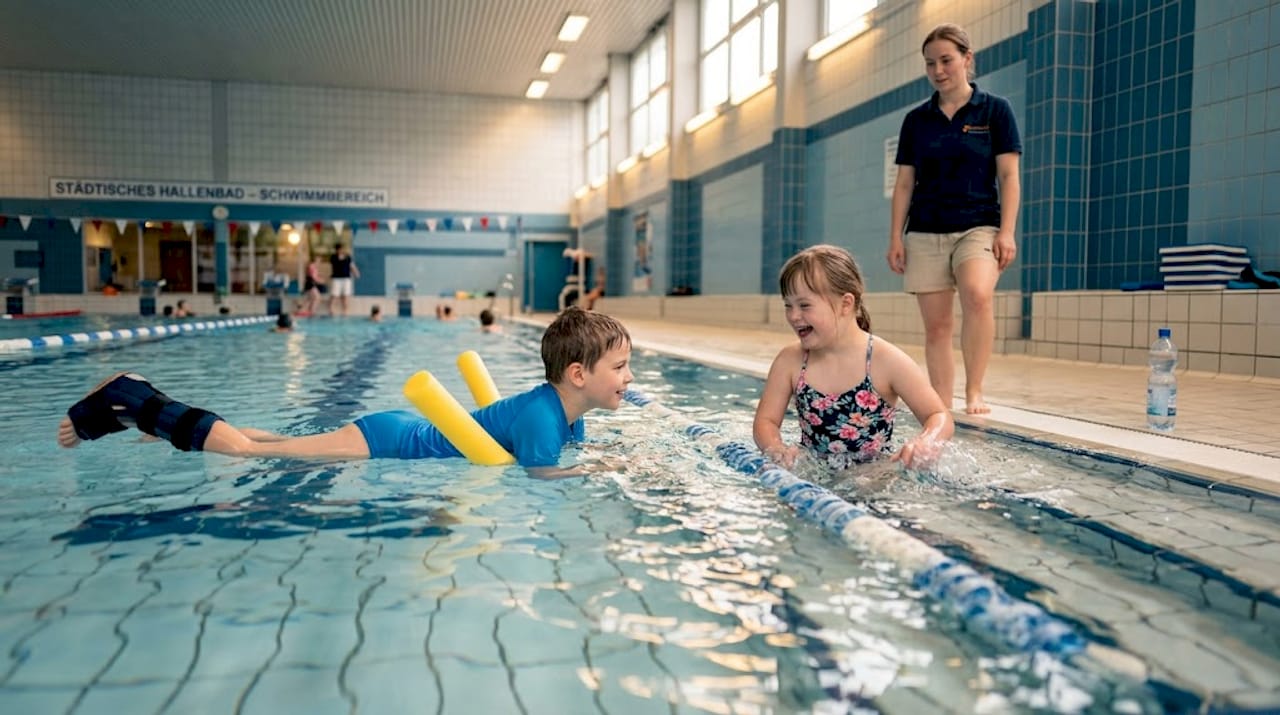 Kinder mit Behinderung haben große Freude an gemeinsamen Schwimmkursen, in denen alle miteinander lernen und Spaß haben.