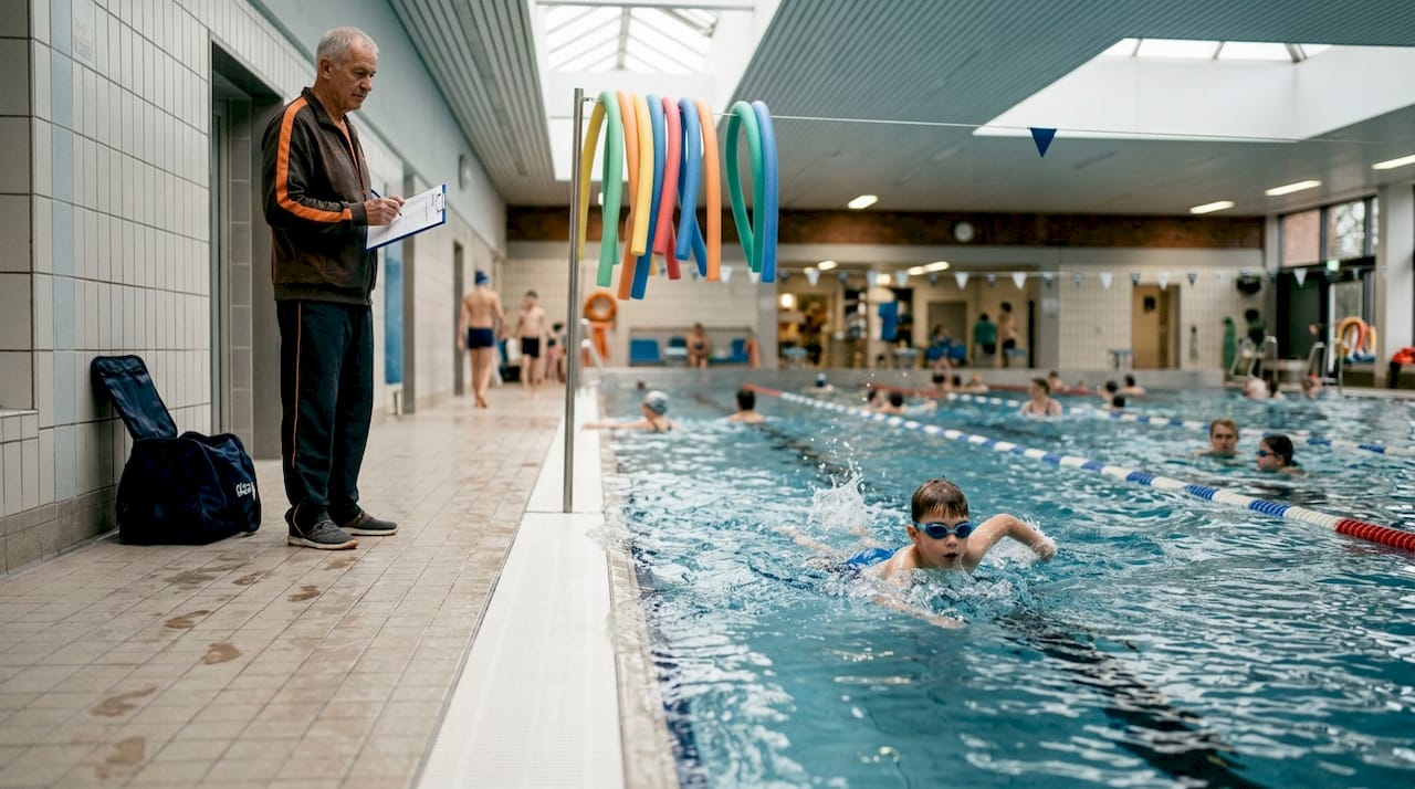 Unser Kind legt gerade die Schwimmprüfung für das Bronzeabzeichen ab.